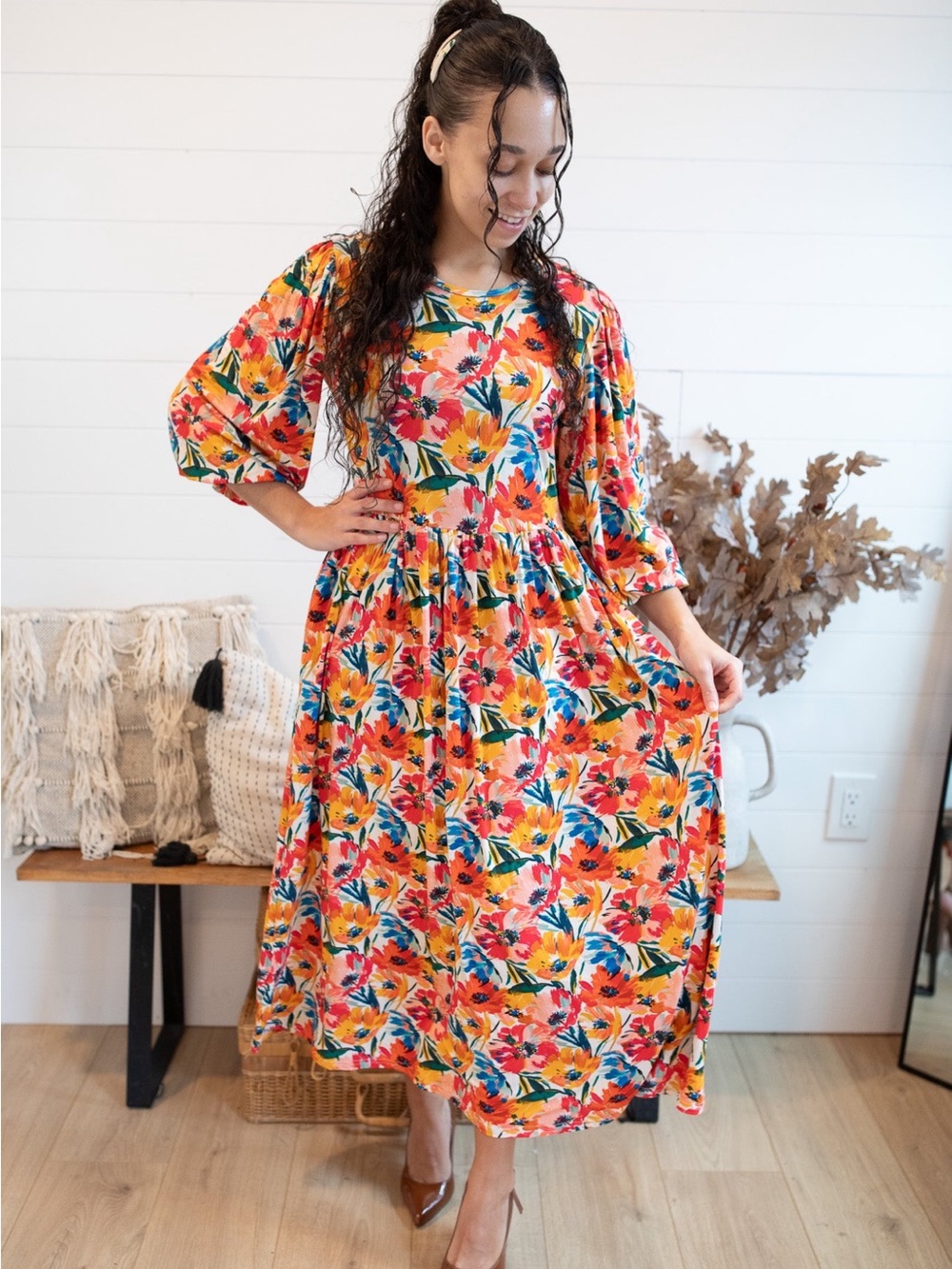 Floral Midi Dress in Vibrant Multi-Color